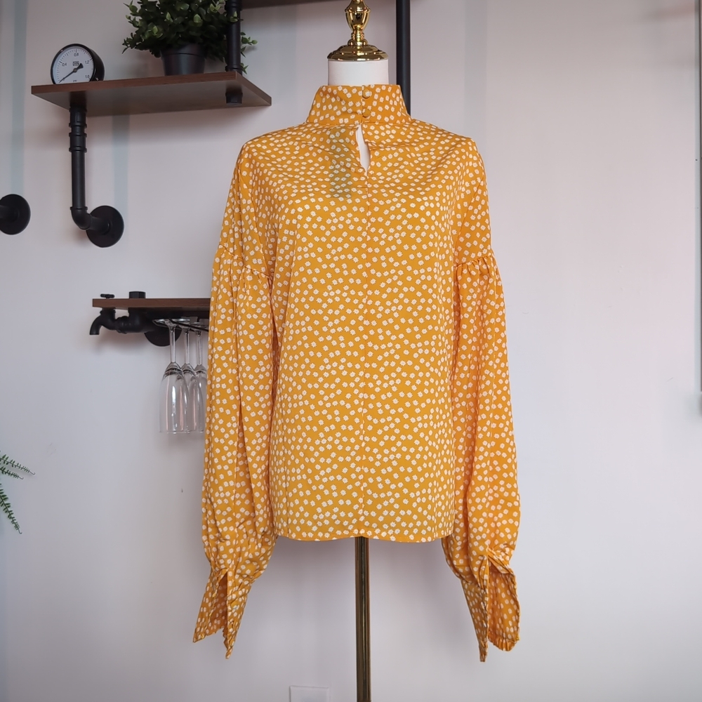 Vibrant Celmia Floral Mock Neck Blouse in Mustard Yellow